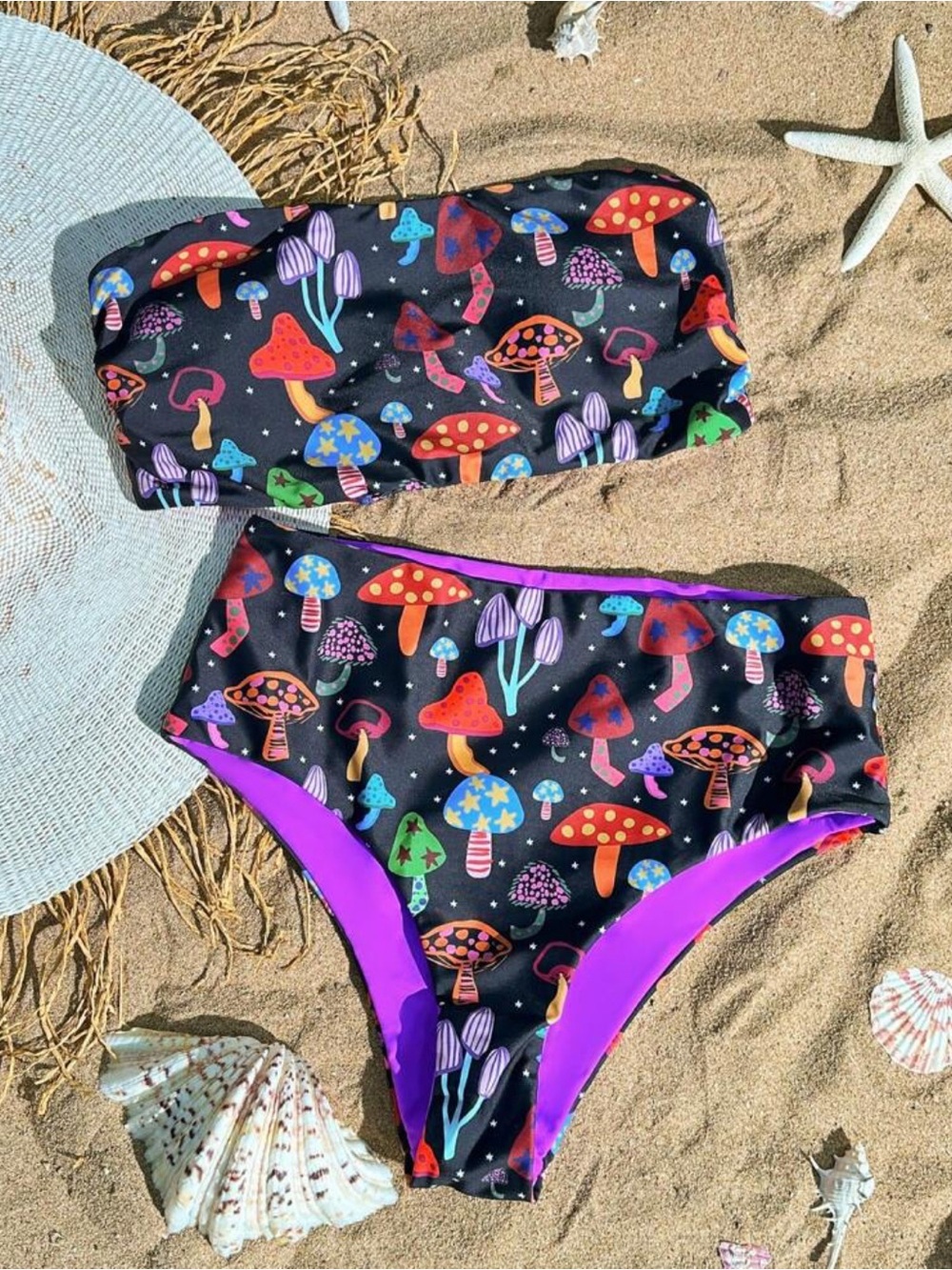 High Waist Black and Purple Mushroom Print Bikini